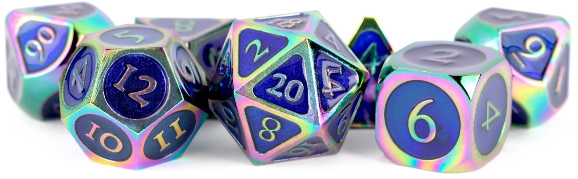 METAL 7 DICE SET RAINBOW W/BLUE ENAMEL 16MM | L.A. Mood Comics and Games