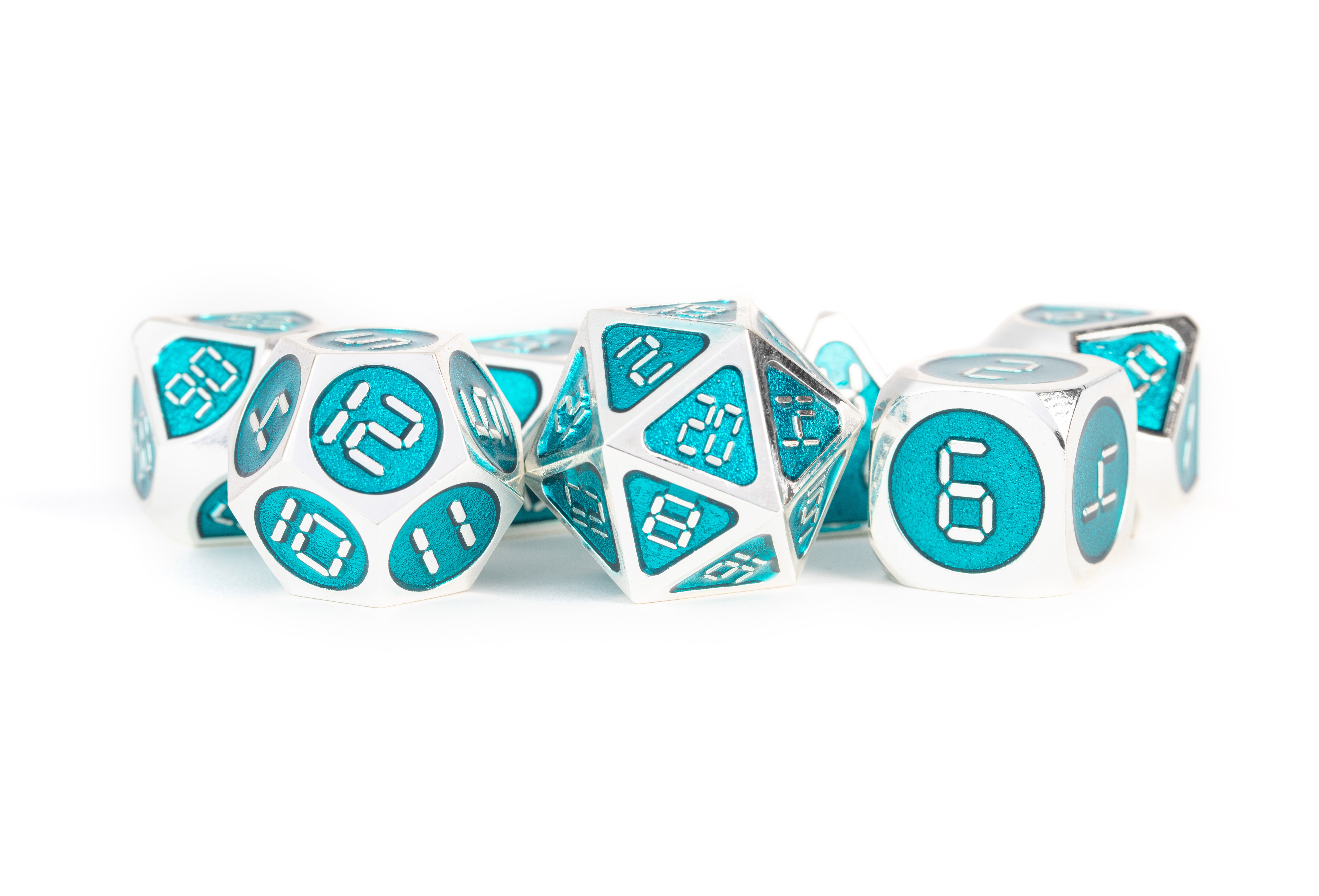 METAL 7 DICE SET SILVER W/TEAL ENAMEL 16MM | L.A. Mood Comics and Games