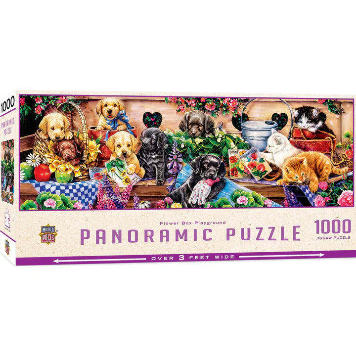 Flower Box Playground 1000 Piece Panoramic Jigsaw Puzzle | L.A. Mood Comics and Games