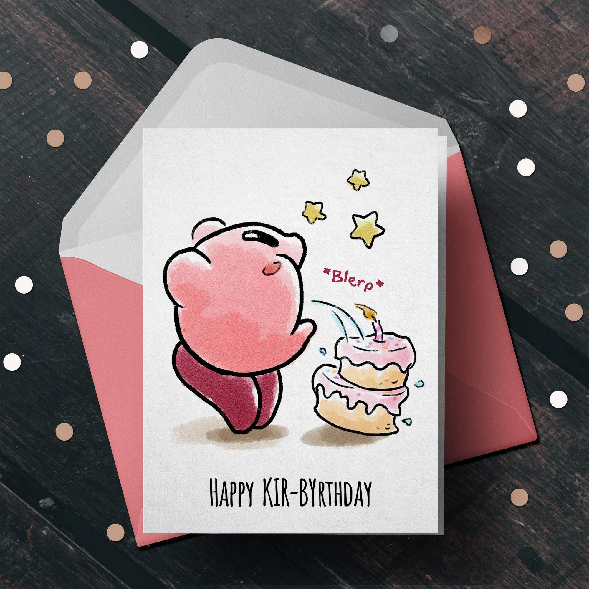 "Happy Kir-birthday" - Gamer Pink Cake Birthday Card | L.A. Mood Comics and Games