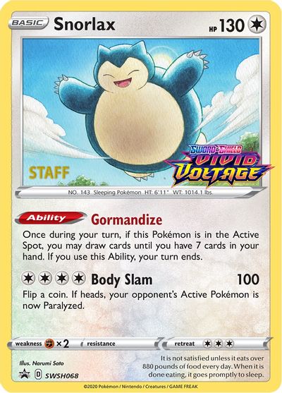 Snorlax (SWSH068) (Staff Prerelease Promo) [Sword & Shield: Black Star Promos] | L.A. Mood Comics and Games