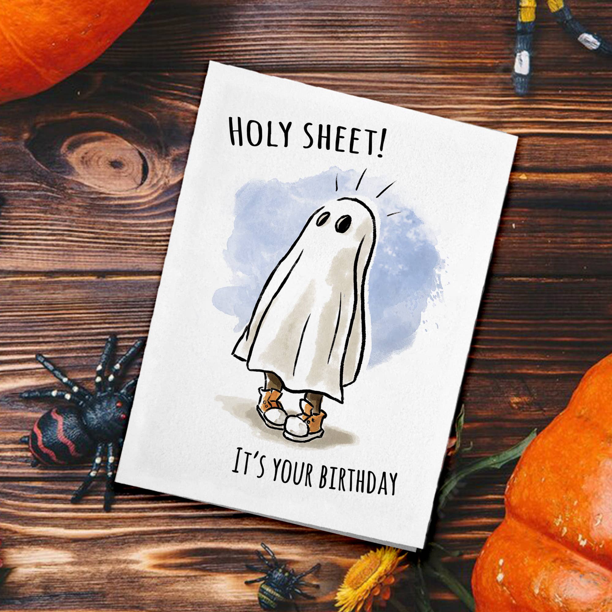 "Holy Sheet!" - Funny Ghost, Horror, Halloween Birthday Card | L.A. Mood Comics and Games