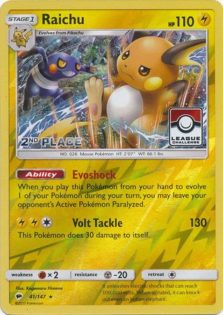 Raichu (41/147) (League Promo 2nd Place) [Sun & Moon: Burning Shadows] | L.A. Mood Comics and Games