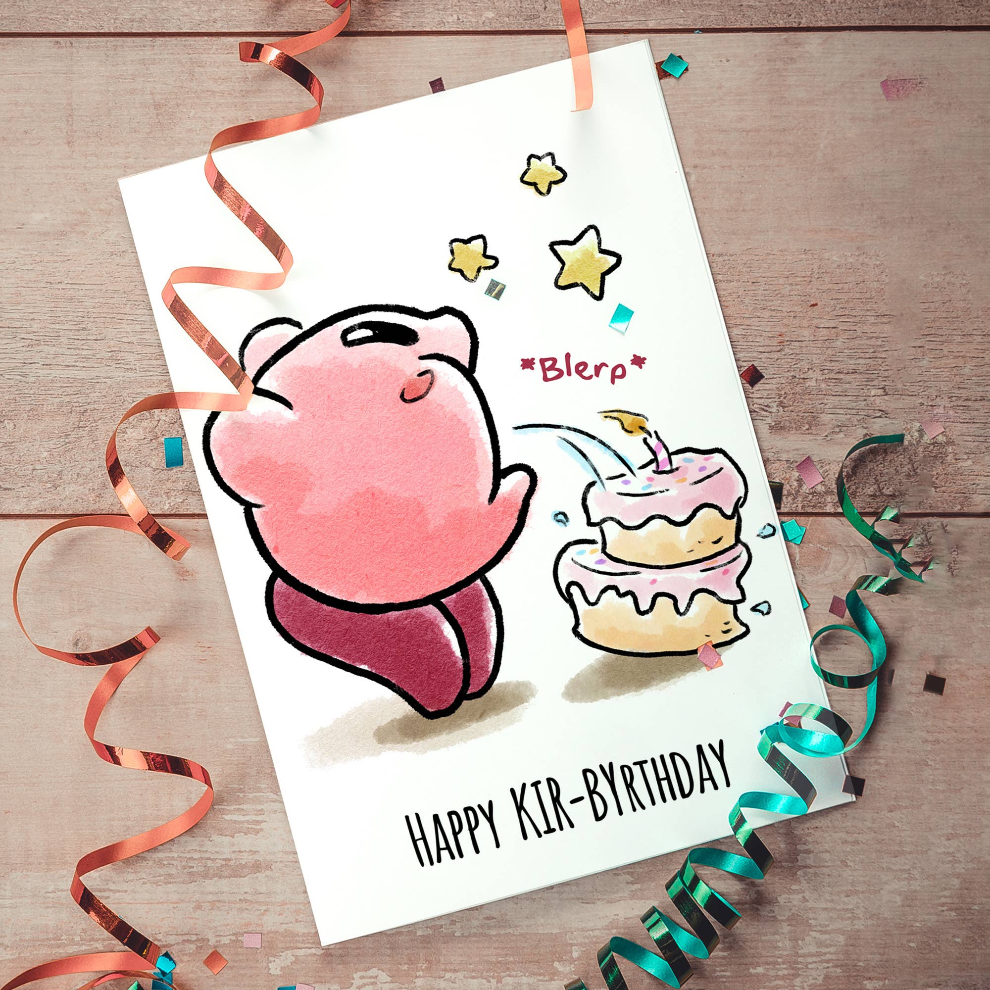 "Happy Kir-birthday" - Gamer Pink Cake Birthday Card | L.A. Mood Comics and Games