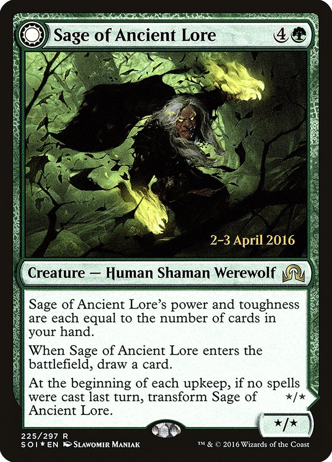 Sage of Ancient Lore // Werewolf of Ancient Hunger [Shadows over Innistrad Prerelease Promos] | L.A. Mood Comics and Games