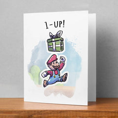 "1 Up!" - Video Game Plumber Christmas or Birthday Card | L.A. Mood Comics and Games