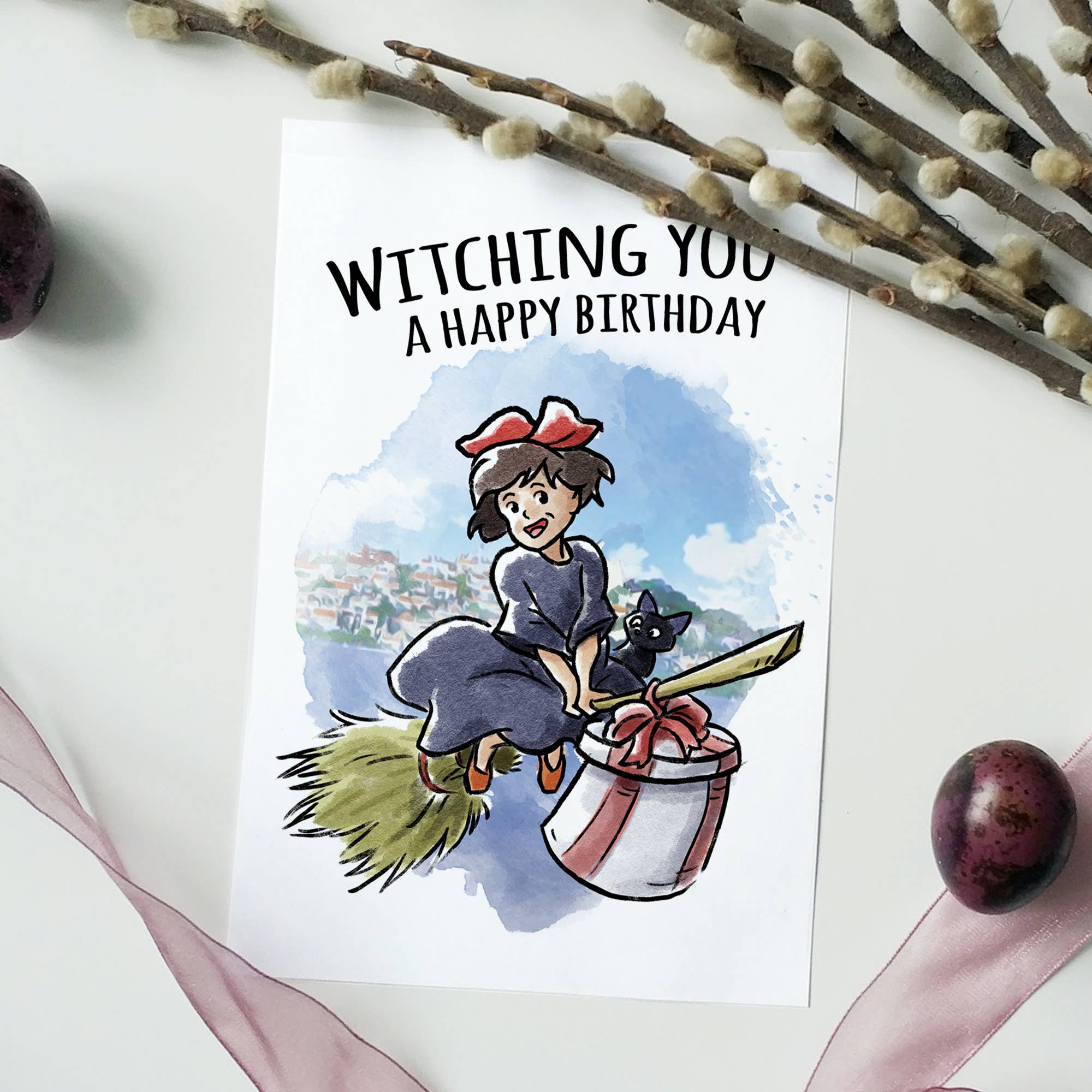 "Witching You" Young Witch Broom Anime Birthday Card | L.A. Mood Comics and Games
