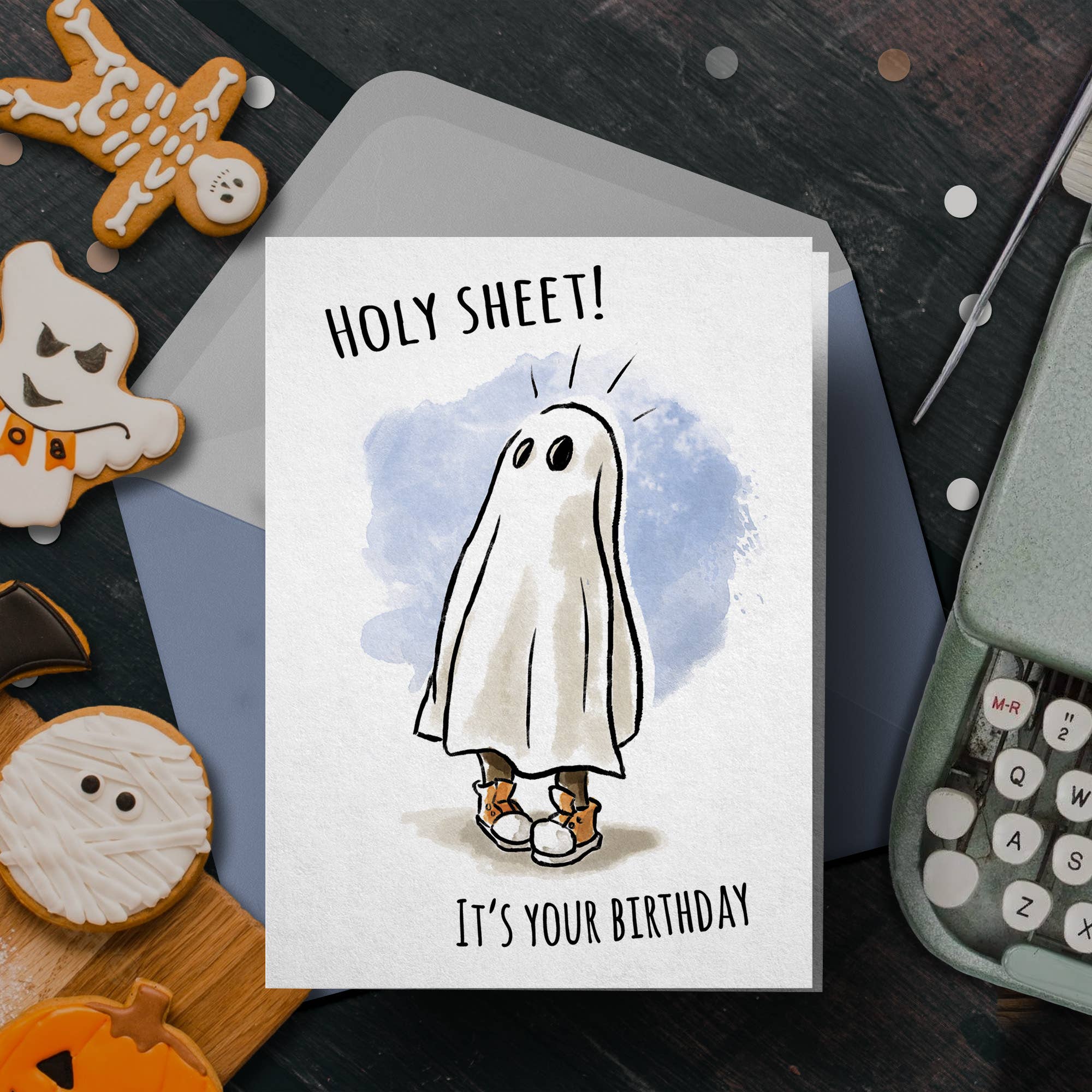 "Holy Sheet!" - Funny Ghost, Horror, Halloween Birthday Card | L.A. Mood Comics and Games