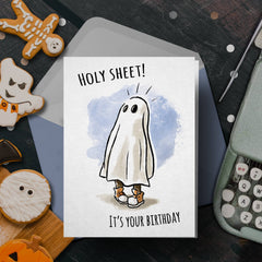 "Holy Sheet!" - Funny Ghost, Horror, Halloween Birthday Card | L.A. Mood Comics and Games