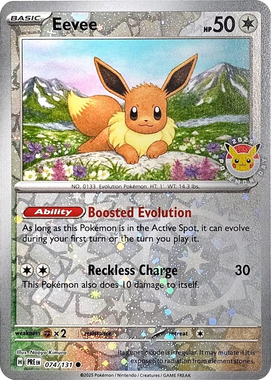 Eevee (074/131) (Pokemon Day 2025) (Reverse Cosmos Holo) [Scarlet & Violet: Prismatic Evolutions] | L.A. Mood Comics and Games