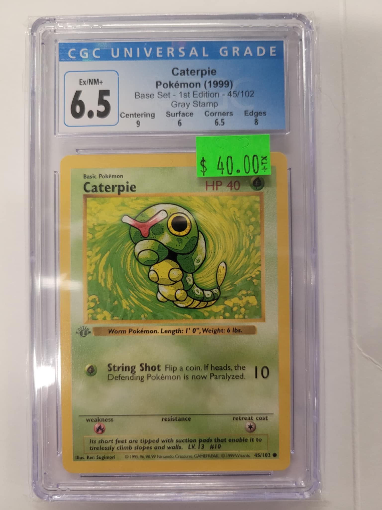 Caterpie Pokemon Base Set 1999 1st ed Grey Stamp CGC 6.5 | L.A. Mood Comics and Games