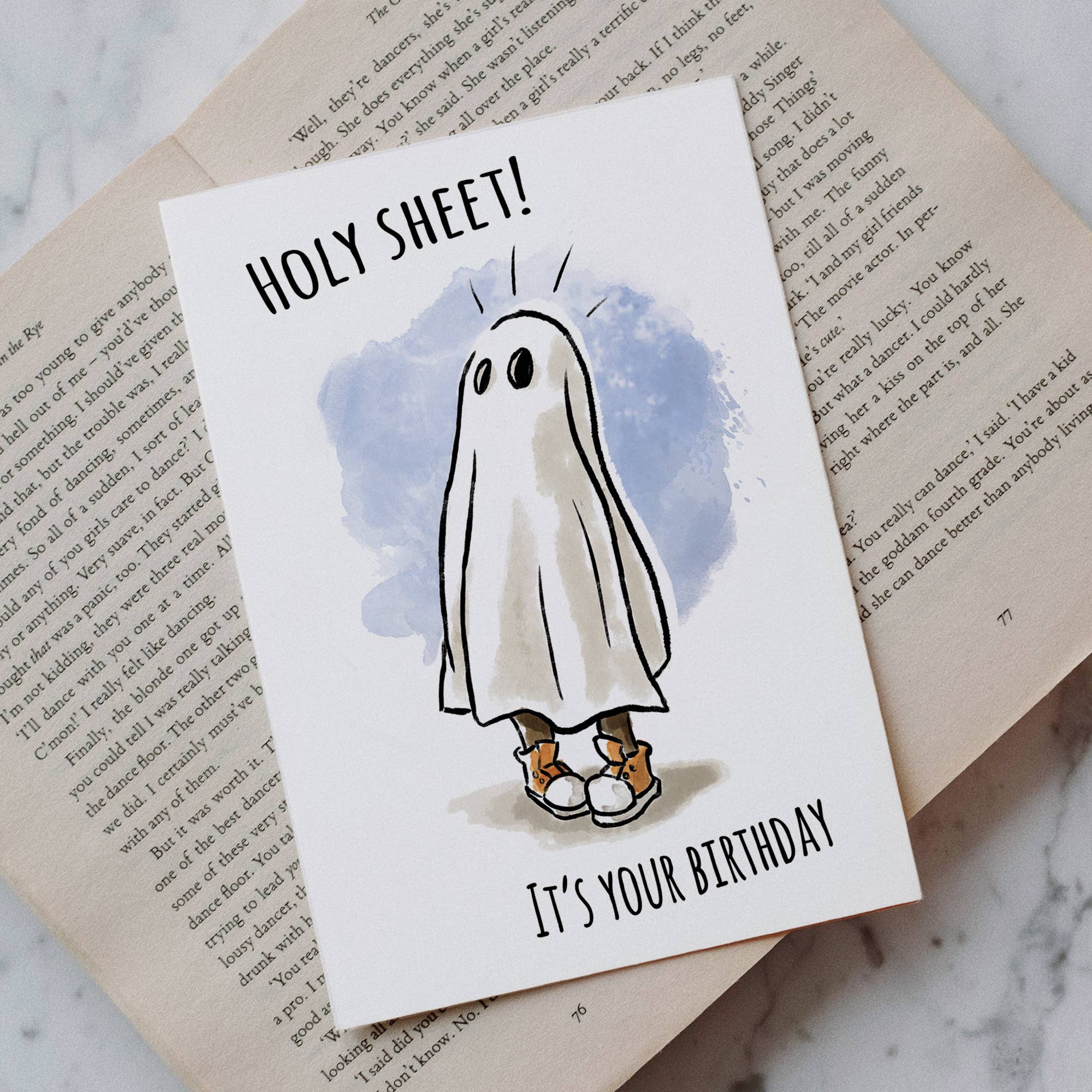 "Holy Sheet!" - Funny Ghost, Horror, Halloween Birthday Card | L.A. Mood Comics and Games
