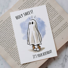 "Holy Sheet!" - Funny Ghost, Horror, Halloween Birthday Card | L.A. Mood Comics and Games