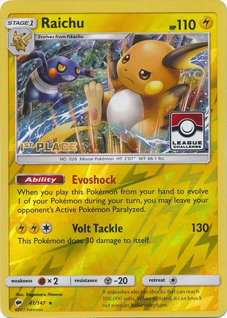 Raichu (41/147) (League Promo 1st Place) [Sun & Moon: Burning Shadows] | L.A. Mood Comics and Games