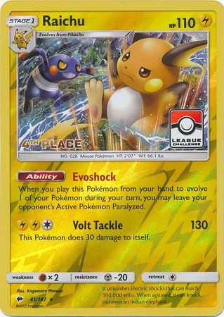 Raichu (41/147) (League Promo 4th Place) [Sun & Moon: Burning Shadows] | L.A. Mood Comics and Games