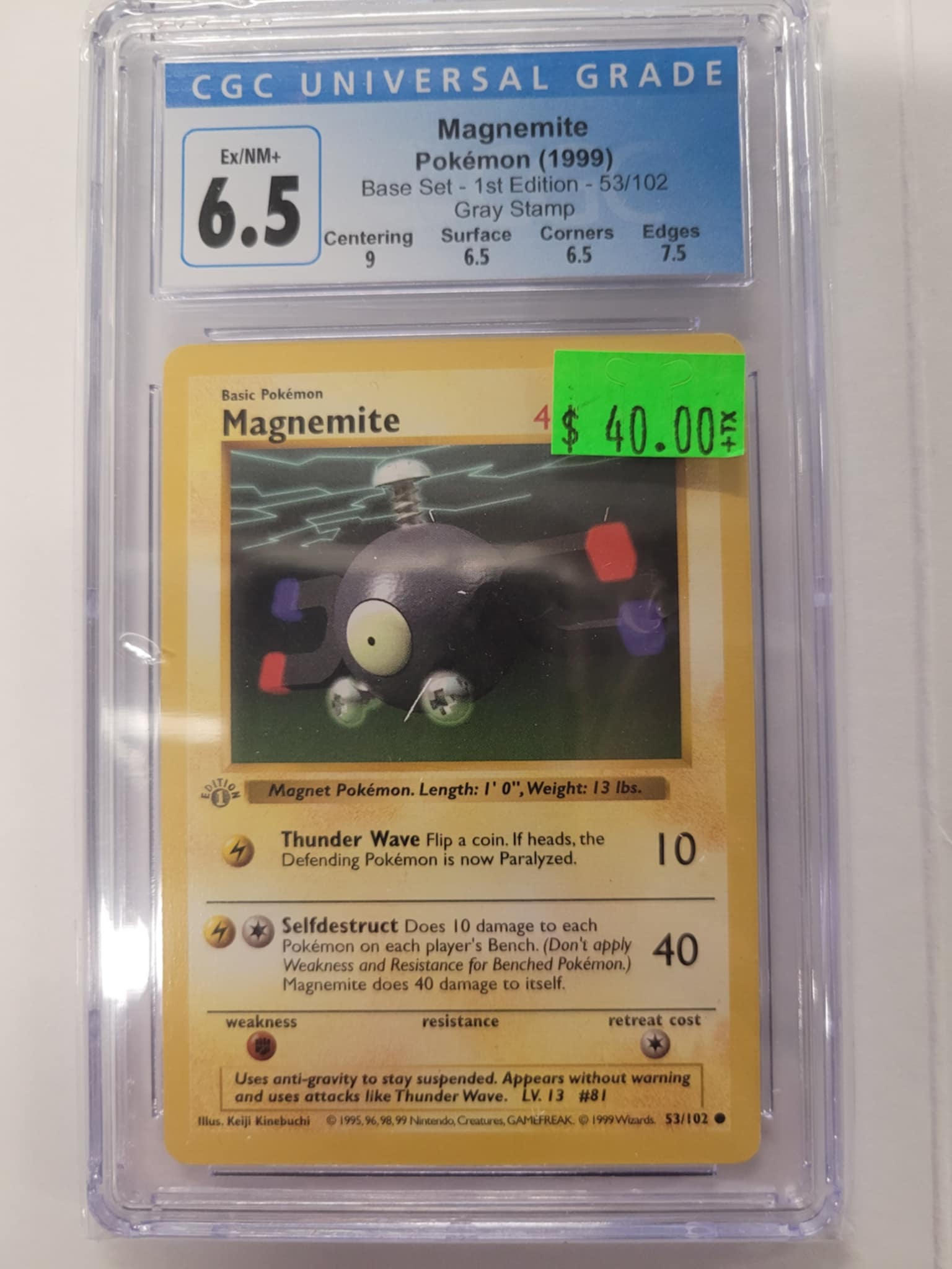 Magnemite Pokemon Base Set 1st Ed Gray Stamp CGC 6.5 | L.A. Mood Comics and Games