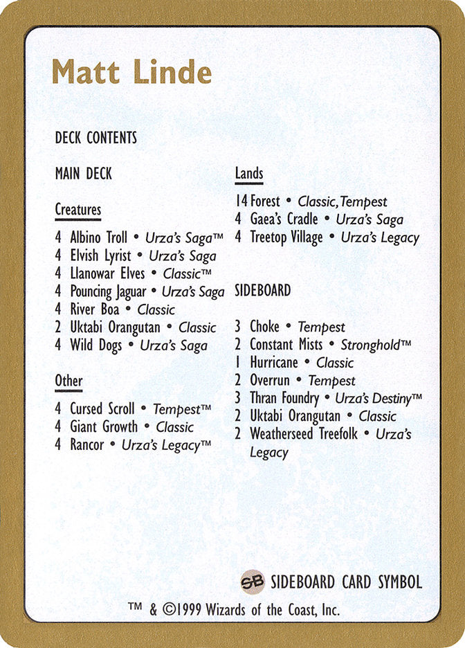 Matt Linde Decklist [World Championship Decks 1999] | L.A. Mood Comics and Games