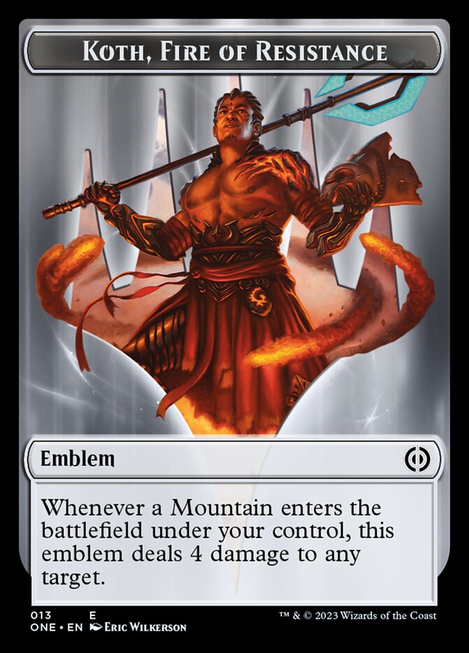 Rebel // Koth, Fire of Resistance Emblem Double-Sided Token [Phyrexia: All Will Be One Tokens] | L.A. Mood Comics and Games