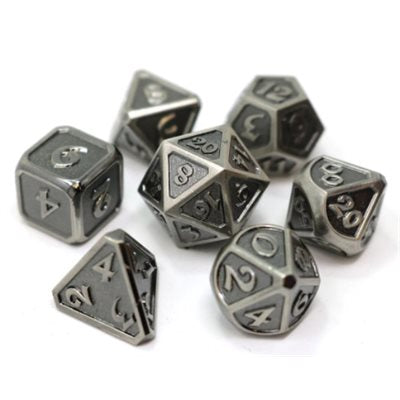 Metal Dice 7pc RPG Set - Mythica Battleworn Silver | L.A. Mood Comics and Games