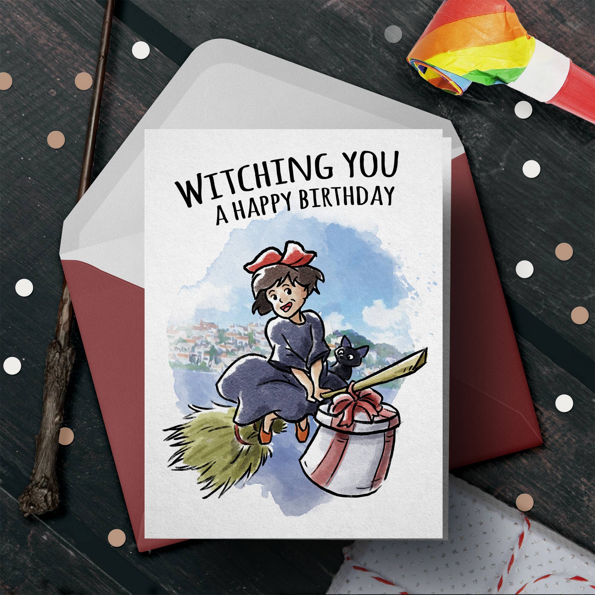 "Witching You" Young Witch Broom Anime Birthday Card | L.A. Mood Comics and Games
