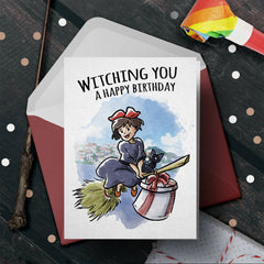 "Witching You" Young Witch Broom Anime Birthday Card | L.A. Mood Comics and Games
