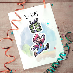 "1 Up!" - Video Game Plumber Christmas or Birthday Card | L.A. Mood Comics and Games