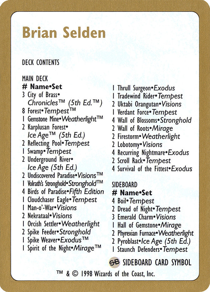 Brian Selden Decklist [World Championship Decks 1998] | L.A. Mood Comics and Games