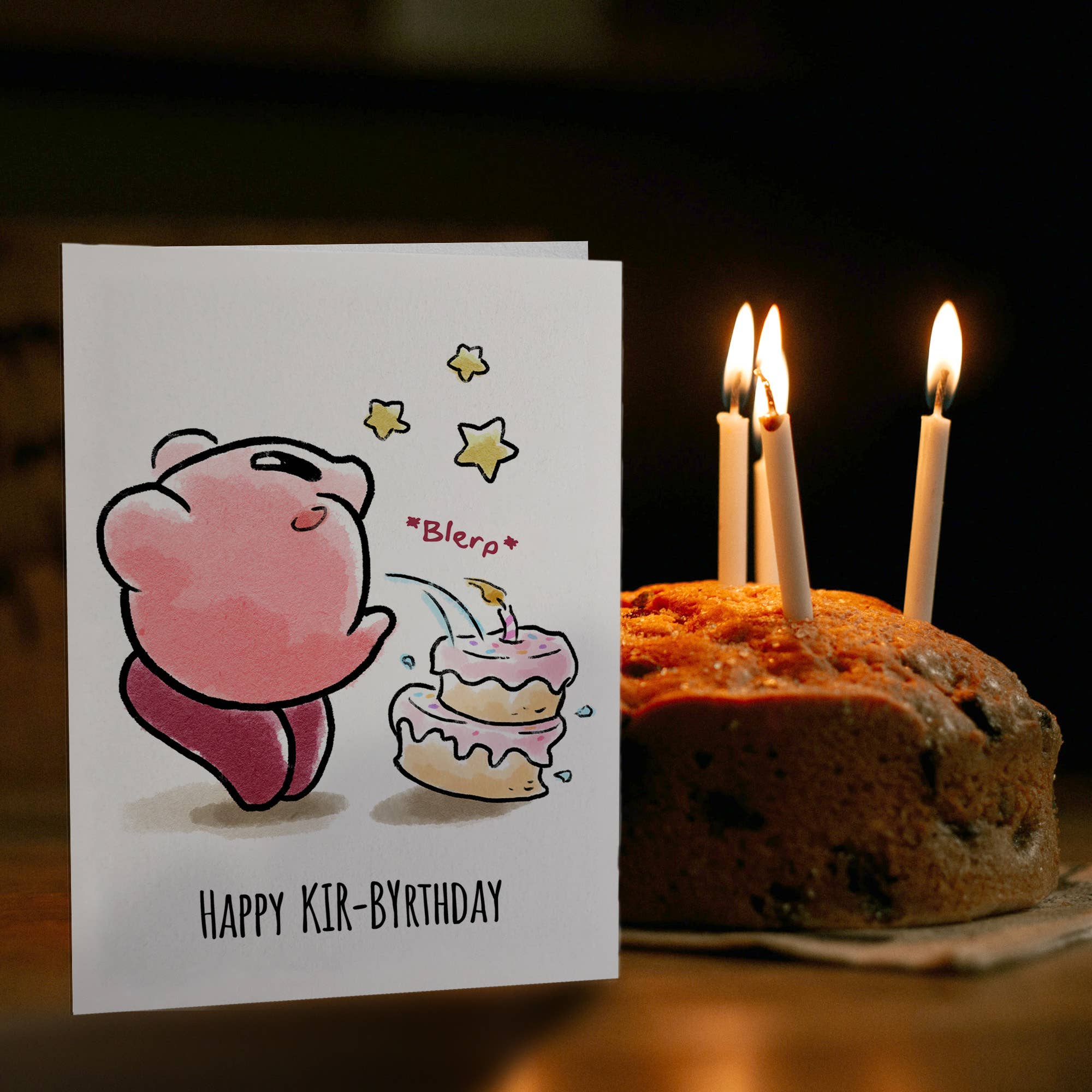 "Happy Kir-birthday" - Gamer Pink Cake Birthday Card | L.A. Mood Comics and Games