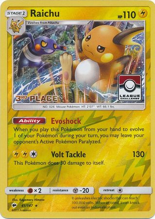 Raichu (41/147) (League Promo 3rd Place) [Sun & Moon: Burning Shadows] | L.A. Mood Comics and Games