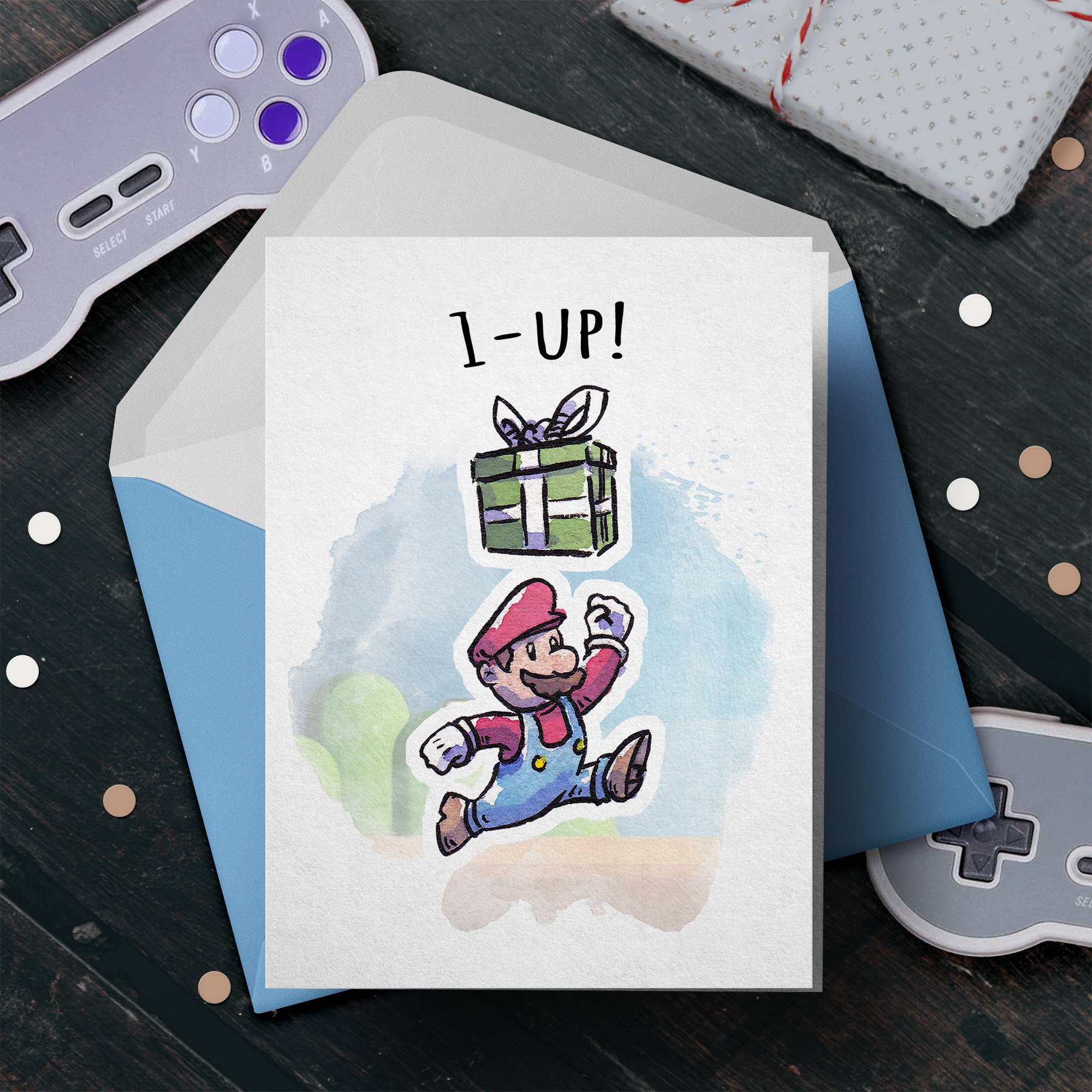 "1 Up!" - Video Game Plumber Christmas or Birthday Card | L.A. Mood Comics and Games