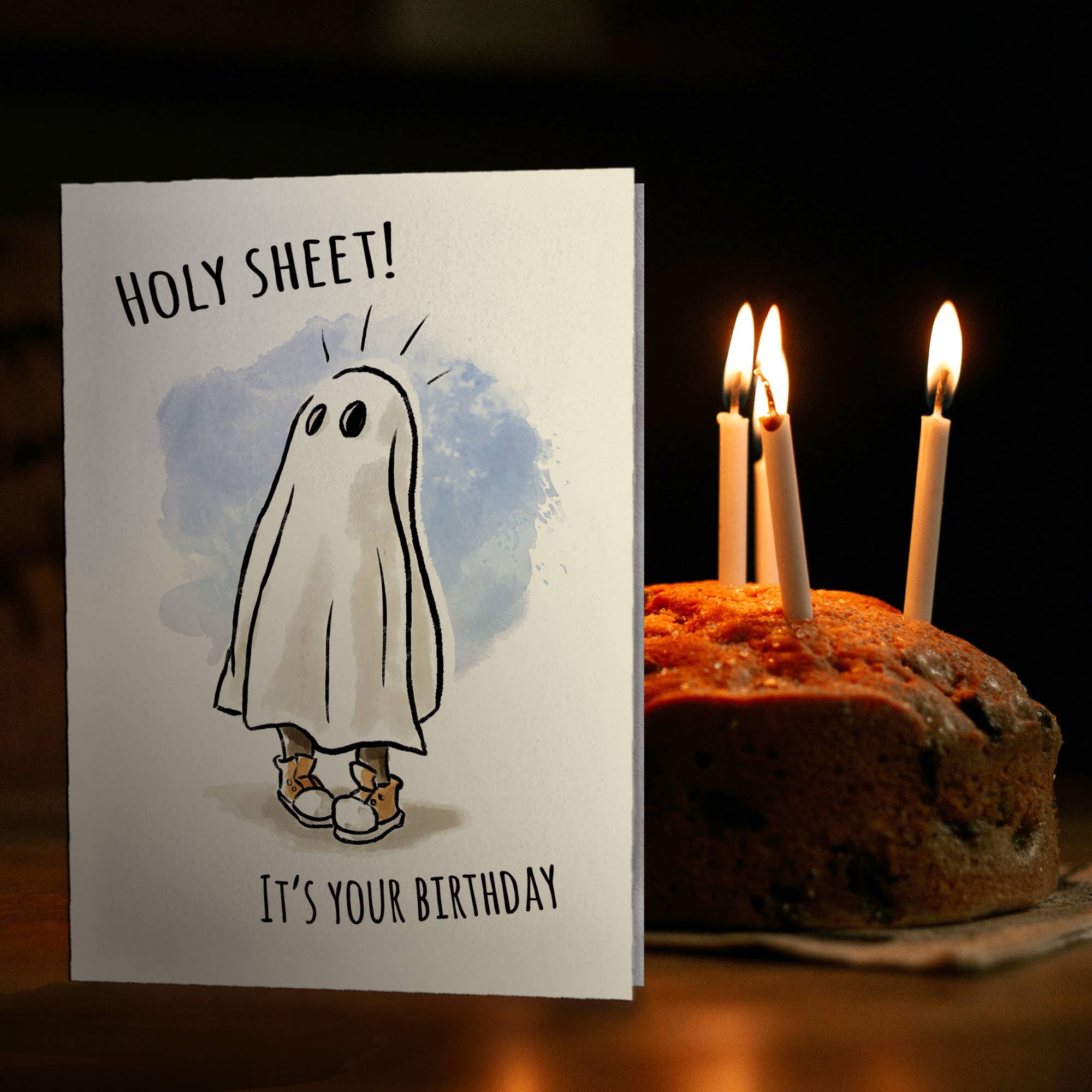 "Holy Sheet!" - Funny Ghost, Horror, Halloween Birthday Card | L.A. Mood Comics and Games