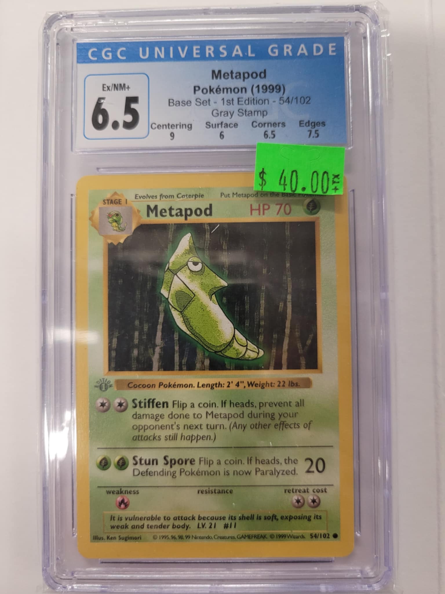 Metapod Pokemon Base Set 1999 1st ed Grey Stamp CGC 6.5 | L.A. Mood Comics and Games