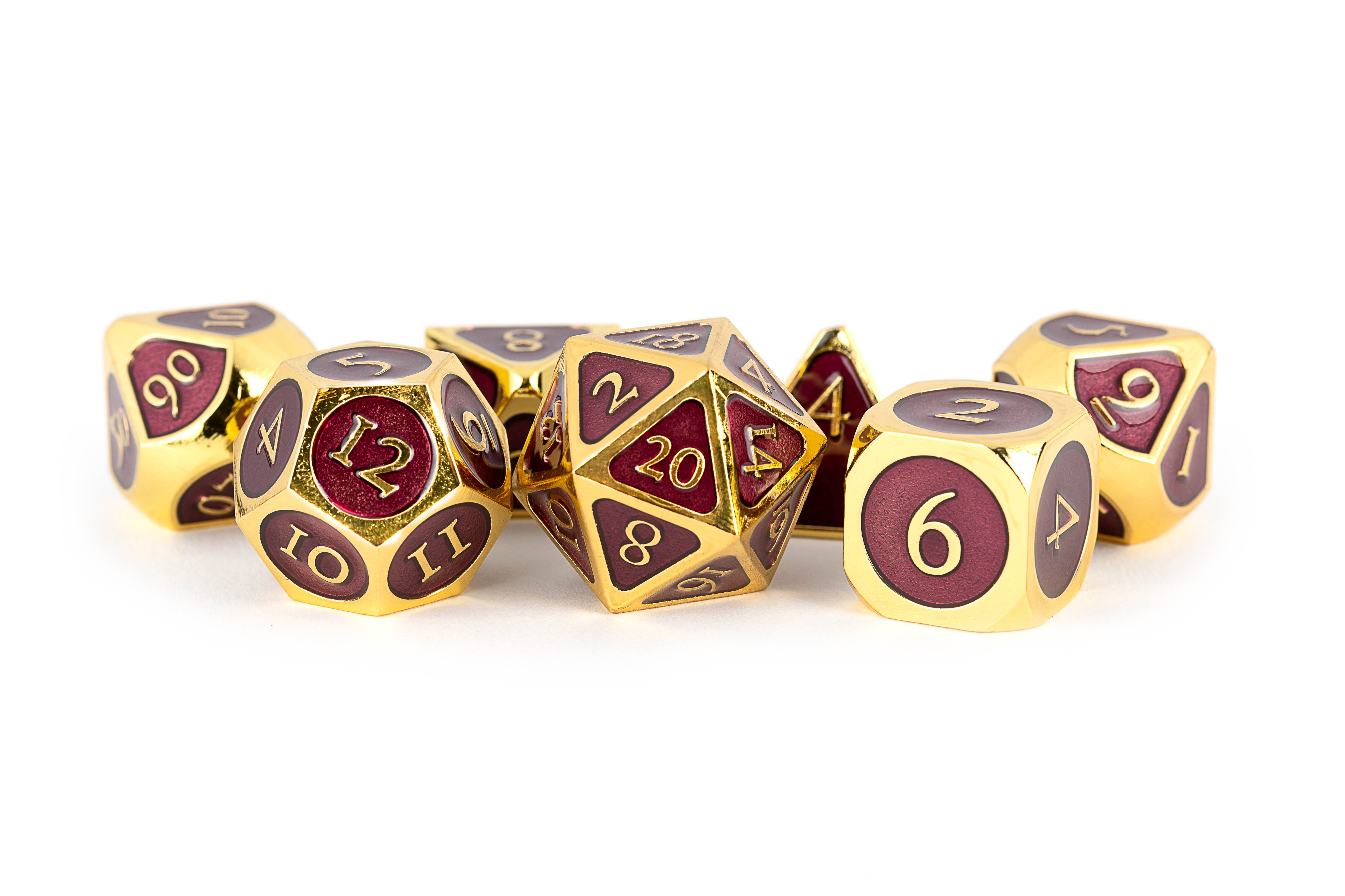 METAL 7 DICE SET GOLD W/PURPLE ENAMEL 16MM | L.A. Mood Comics and Games