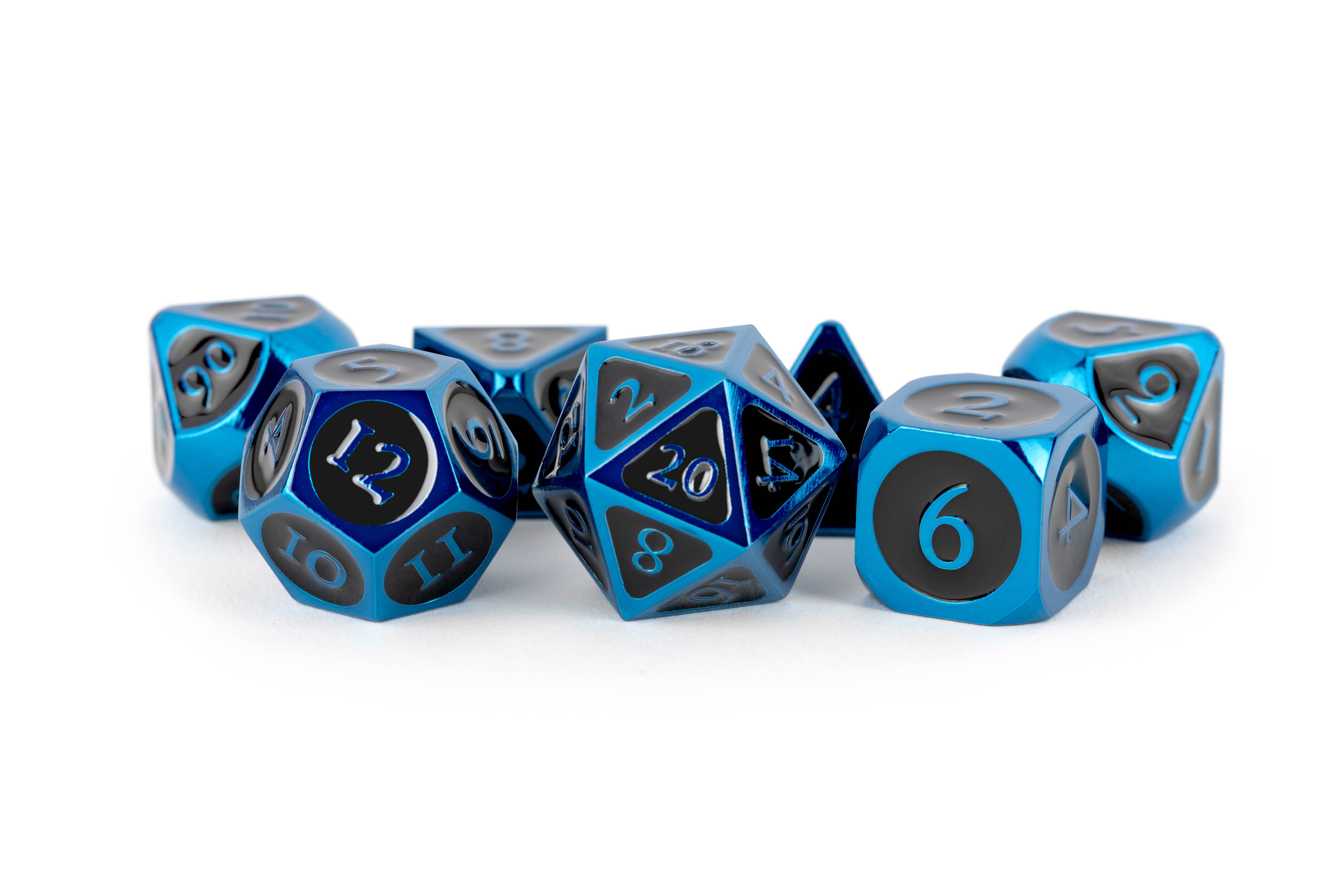 METAL 7 DICE SET BLUE W/BLACK ENAMEL 16MM | L.A. Mood Comics and Games