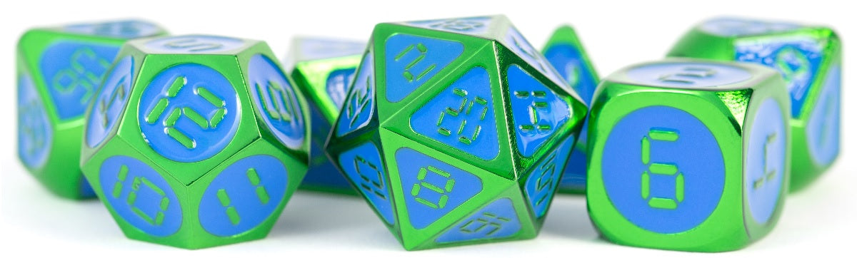 METAL 7 DICE SET GREEN W/BLUE ENAMEL 16MM | L.A. Mood Comics and Games