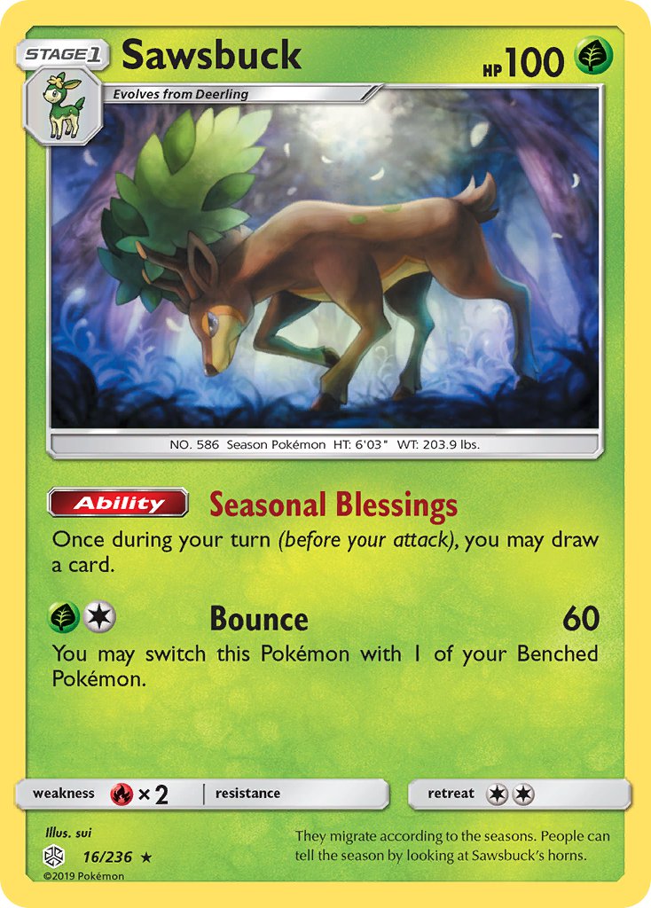 Sawsbuck (16/236) (Prerelease Kit Exclusive) (Theme Deck Exclusive) [Sun & Moon: Cosmic Eclipse] | L.A. Mood Comics and Games