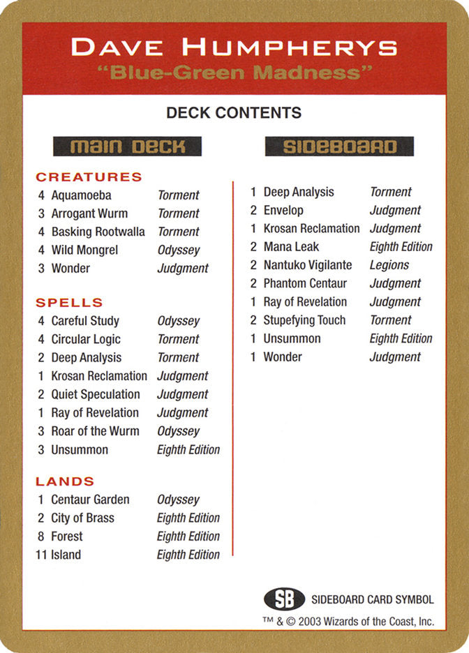 Dave Humpherys Decklist [World Championship Decks 2003] | L.A. Mood Comics and Games