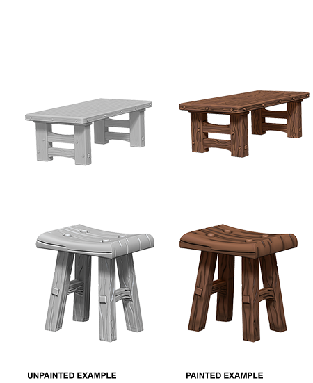 WizKids Deep Cuts Unpainted Miniatures: Wooden Table & Stools | L.A. Mood Comics and Games