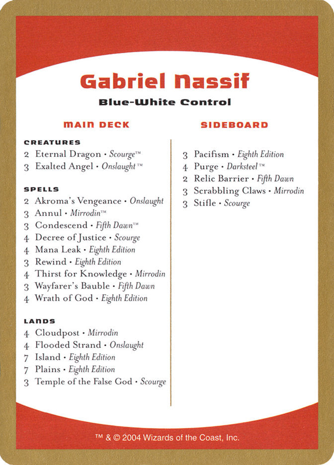 Gabriel Nassif Decklist [World Championship Decks 2004] | L.A. Mood Comics and Games