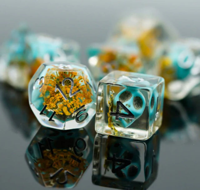 Yellow Flowers With Blue Skull RPG Dice Set | L.A. Mood Comics and Games