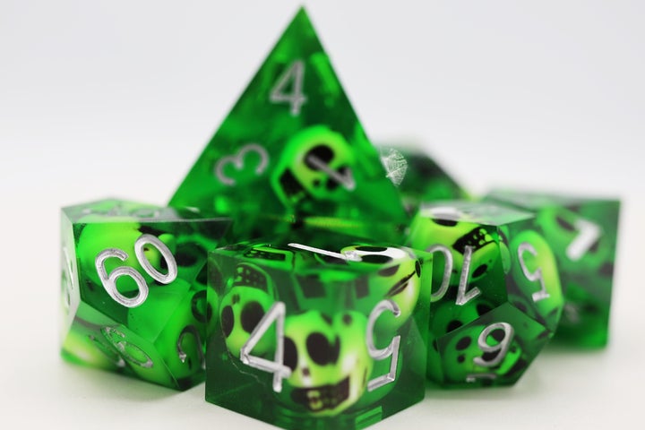 SHARP EDGE RESIN RPG DICE SET - GREEN SKULLS | L.A. Mood Comics and Games