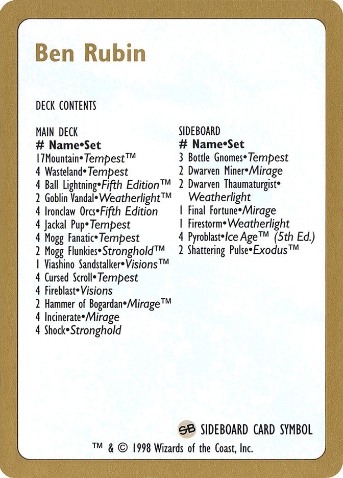 Ben Rubin Decklist [World Championship Decks 1998] | L.A. Mood Comics and Games
