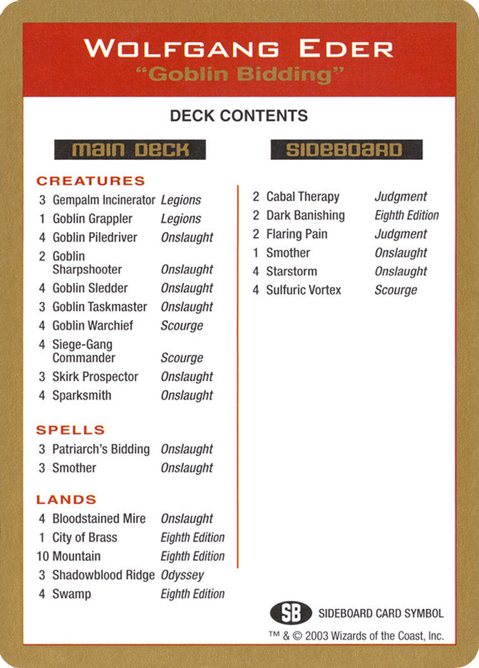 Wolfgang Eder Decklist [World Championship Decks 2003] | L.A. Mood Comics and Games