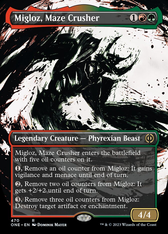 Migloz, Maze Crusher (Borderless Ichor Step-and-Compleat Foil) [Phyrexia: All Will Be One] | L.A. Mood Comics and Games