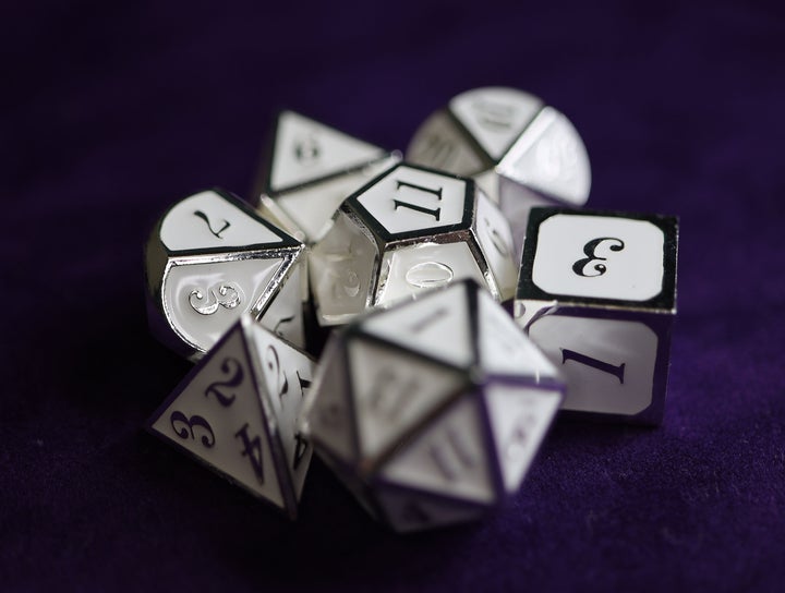 SILVER EMBOSSED WHITE RPG DICE SET | L.A. Mood Comics and Games